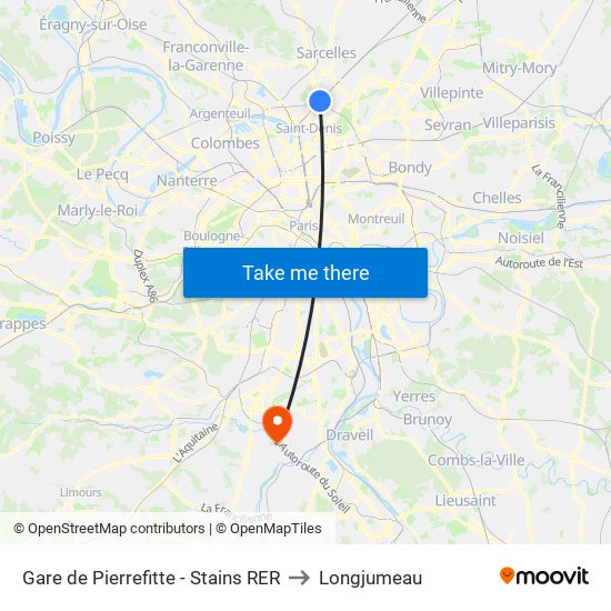 Gare de Pierrefitte - Stains RER to Longjumeau map