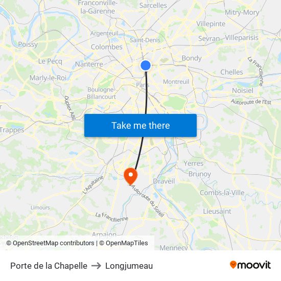 Porte de la Chapelle to Longjumeau map
