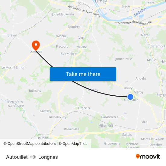 Autouillet to Longnes map