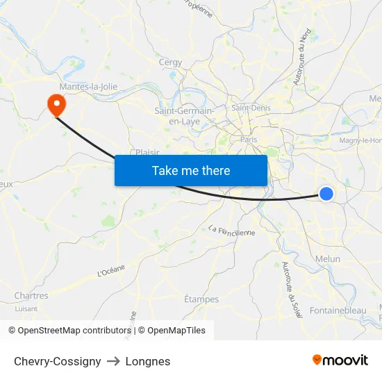 Chevry-Cossigny to Longnes map