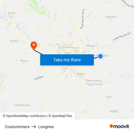 Coulommiers to Longnes map
