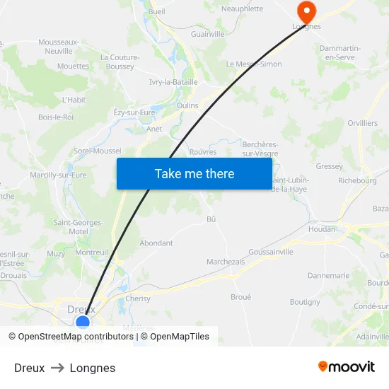 Dreux to Longnes map
