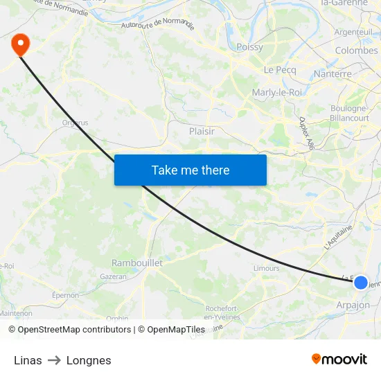 Linas to Longnes map