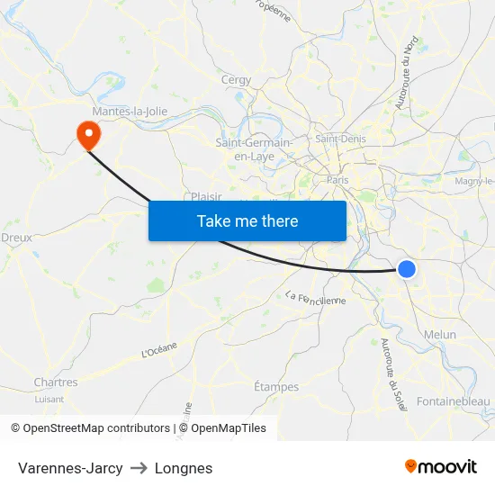 Varennes-Jarcy to Longnes map