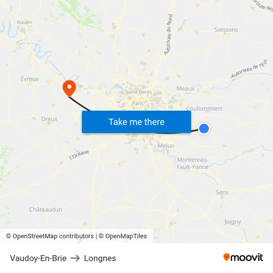 Vaudoy-En-Brie to Longnes map
