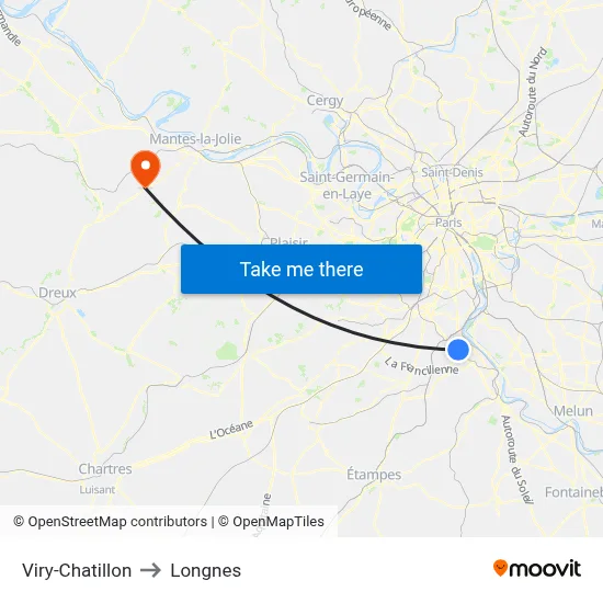 Viry-Chatillon to Longnes map