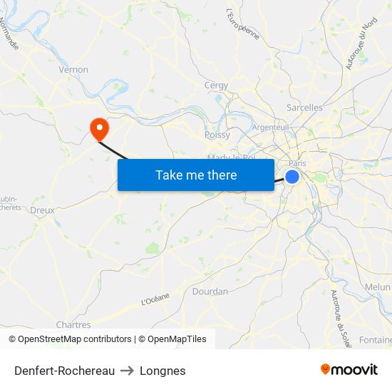 Denfert-Rochereau to Longnes map