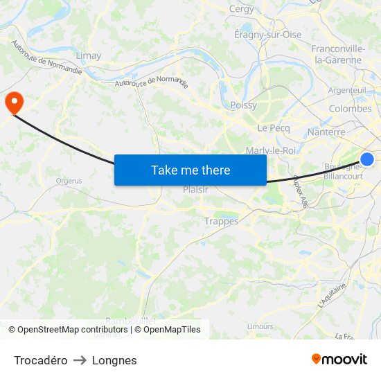 Trocadéro to Longnes map
