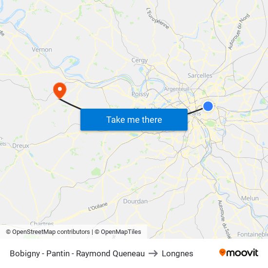 Bobigny - Pantin - Raymond Queneau to Longnes map