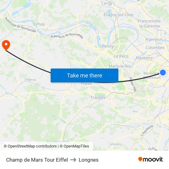 Champ de Mars Tour Eiffel to Longnes map