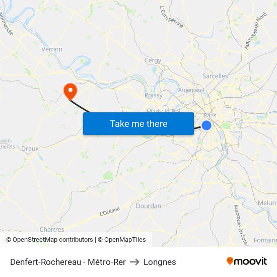 Denfert-Rochereau - Métro-Rer to Longnes map