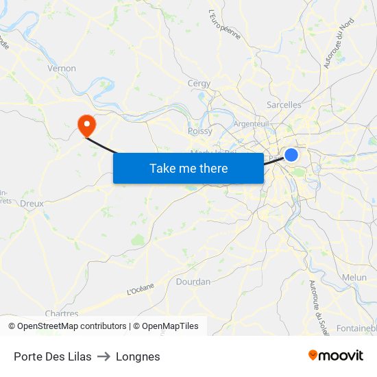 Porte Des Lilas to Longnes map