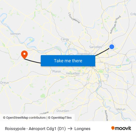 Roissypole - Aéroport Cdg1 (D1) to Longnes map