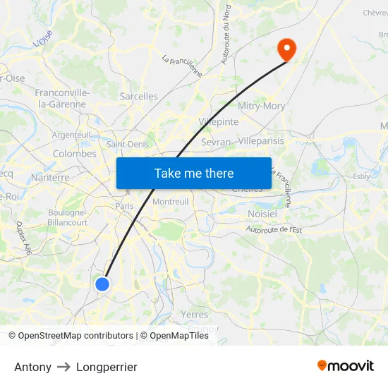 Antony to Longperrier map