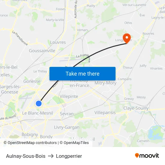Aulnay-Sous-Bois to Longperrier map