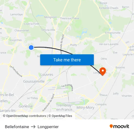 Bellefontaine to Longperrier map