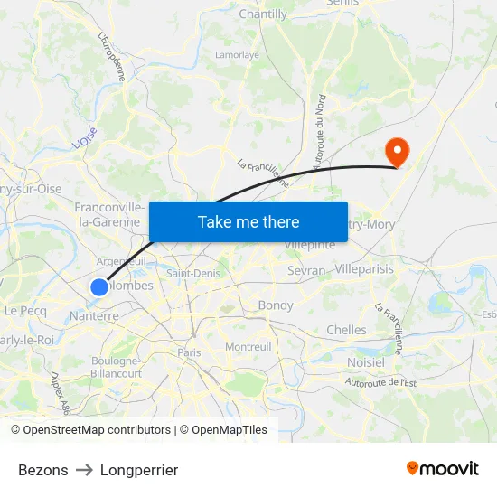 Bezons to Longperrier map