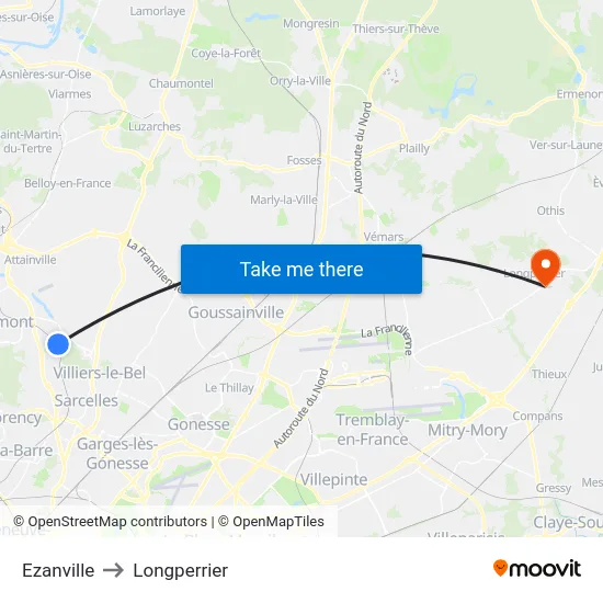 Ezanville to Longperrier map