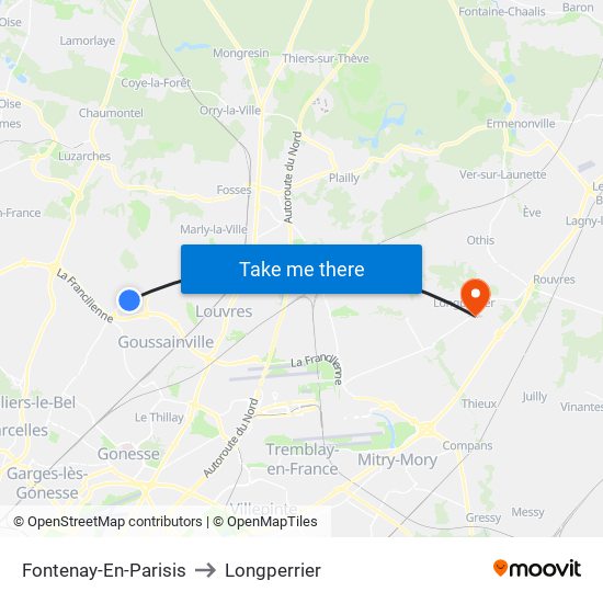 Fontenay-En-Parisis to Longperrier map