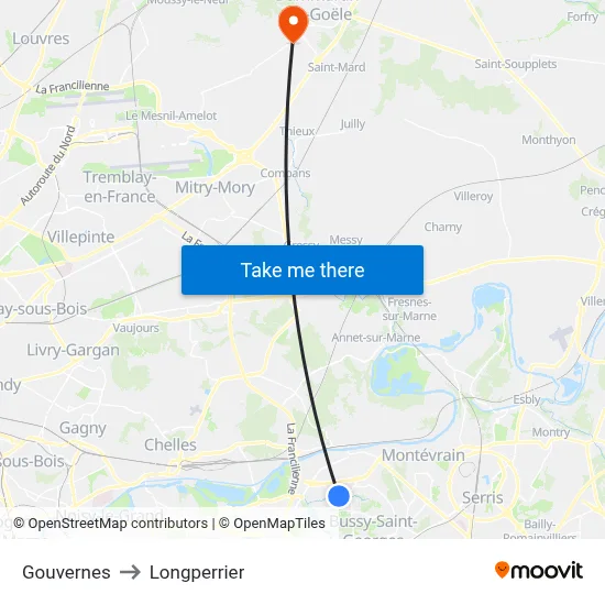 Gouvernes to Longperrier map