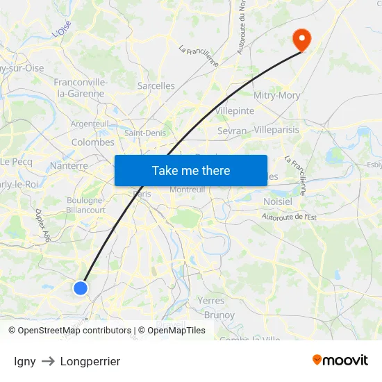 Igny to Longperrier map