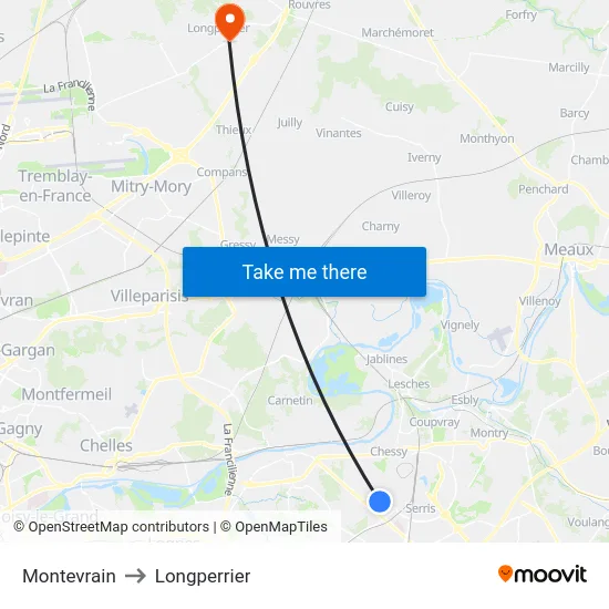 Montevrain to Longperrier map