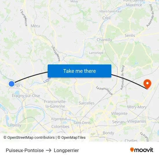 Puiseux-Pontoise to Longperrier map