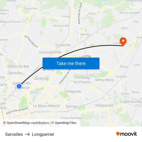 Sarcelles to Longperrier map
