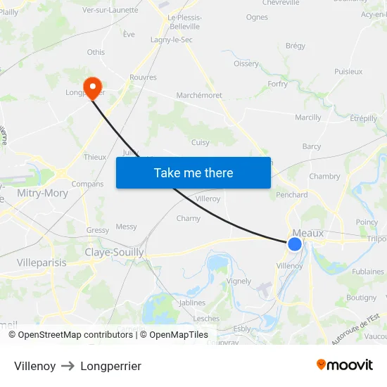 Villenoy to Longperrier map