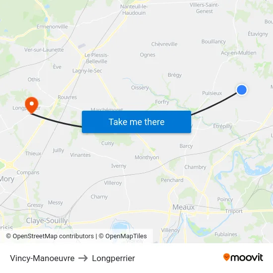 Vincy-Manoeuvre to Longperrier map