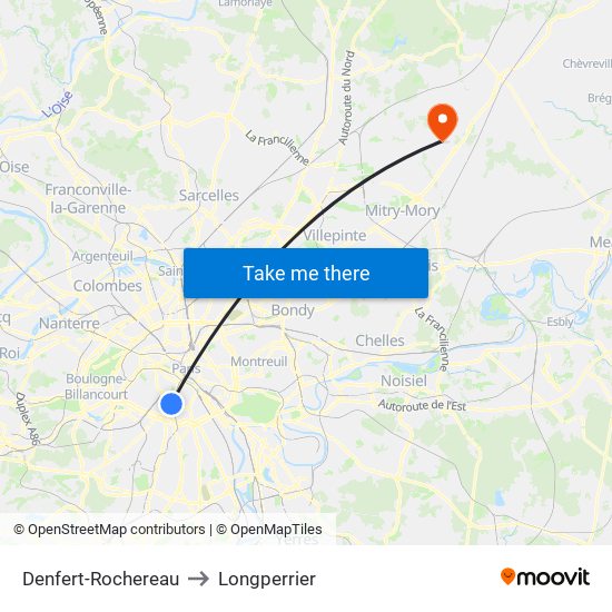Denfert-Rochereau to Longperrier map