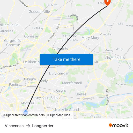 Vincennes to Longperrier map