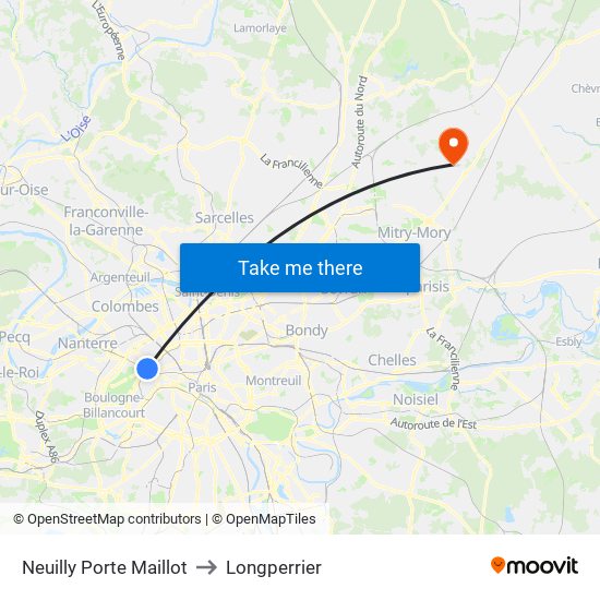 Neuilly Porte Maillot to Longperrier map