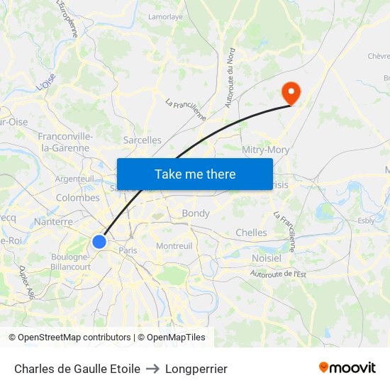 Charles de Gaulle Etoile to Longperrier map