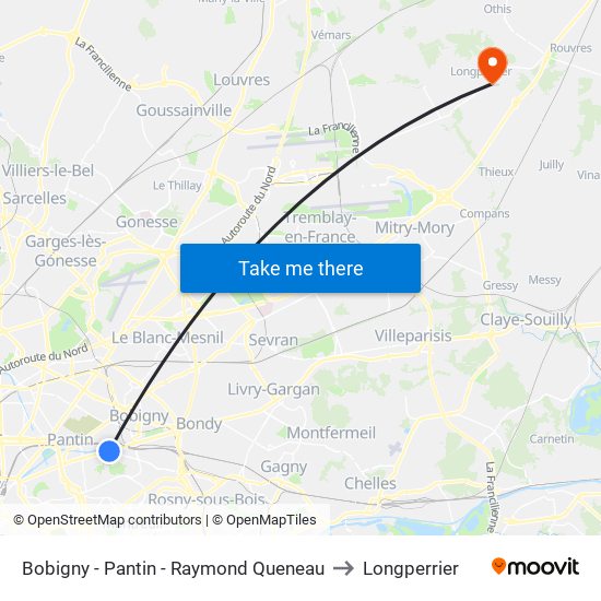 Bobigny - Pantin - Raymond Queneau to Longperrier map