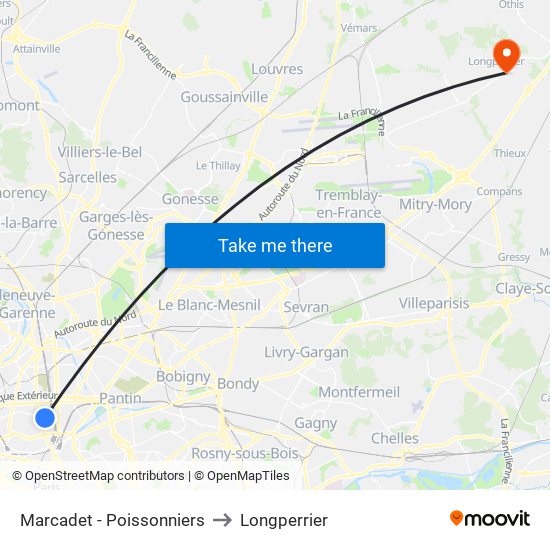 Marcadet - Poissonniers to Longperrier map