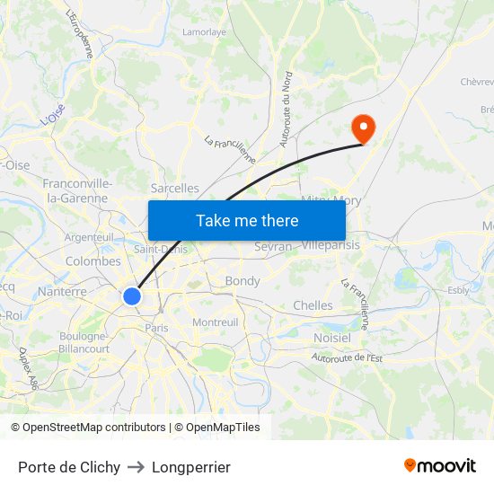 Porte de Clichy to Longperrier map
