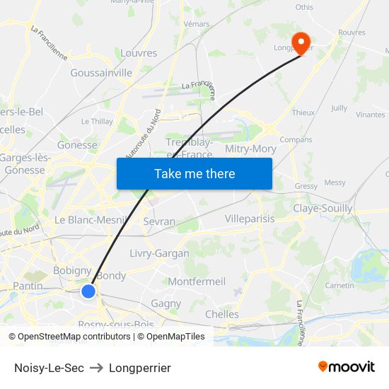 Noisy-Le-Sec to Longperrier map