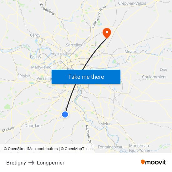 Brétigny to Longperrier map