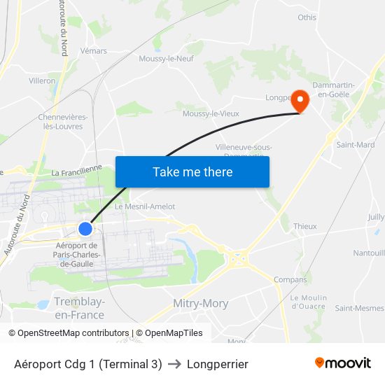 Aéroport Cdg 1 (Terminal 3) to Longperrier map