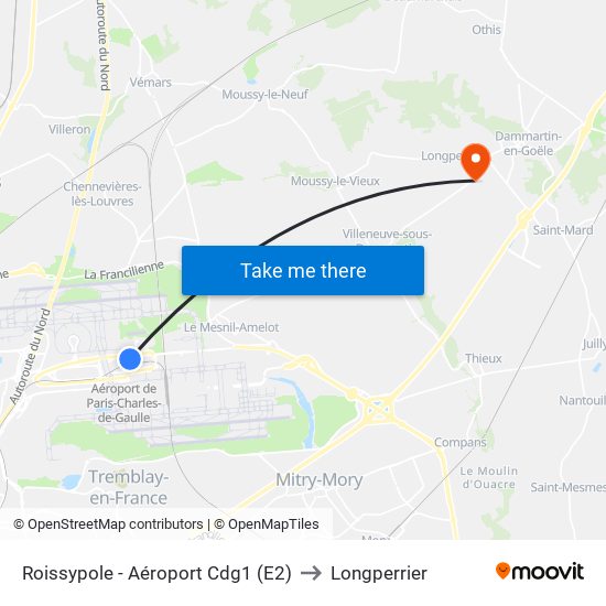 Roissypole - Aéroport Cdg1 (E2) to Longperrier map