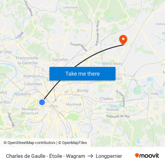 Charles de Gaulle - Étoile - Wagram to Longperrier map