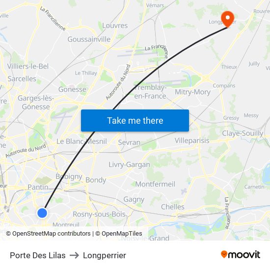 Porte Des Lilas to Longperrier map