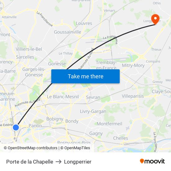 Porte de la Chapelle to Longperrier map