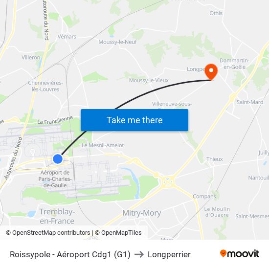 Roissypole - Aéroport Cdg1 (G1) to Longperrier map