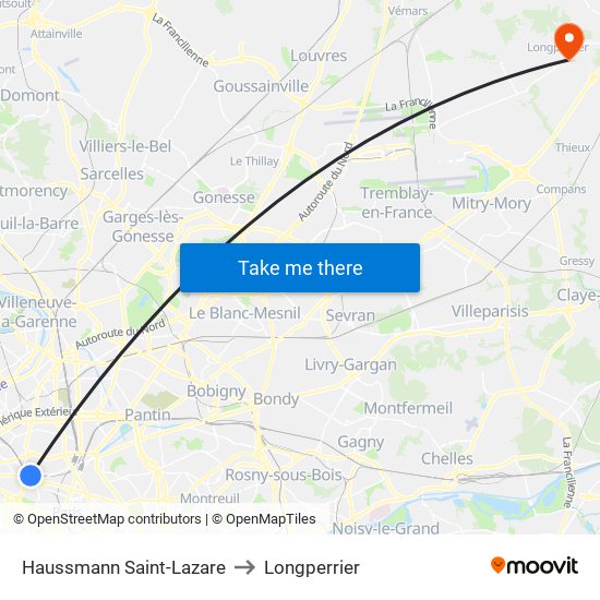 Haussmann Saint-Lazare to Longperrier map