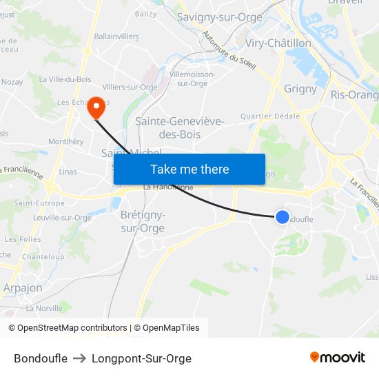 Bondoufle to Longpont-Sur-Orge map