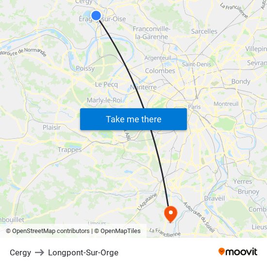Cergy to Longpont-Sur-Orge map