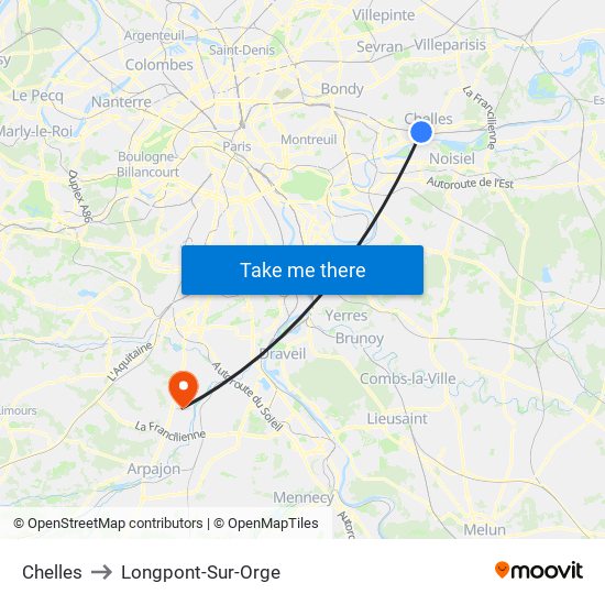 Chelles to Longpont-Sur-Orge map