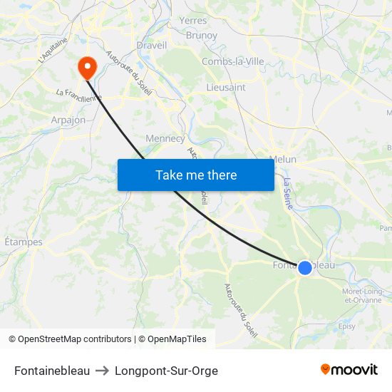 Fontainebleau to Longpont-Sur-Orge map
